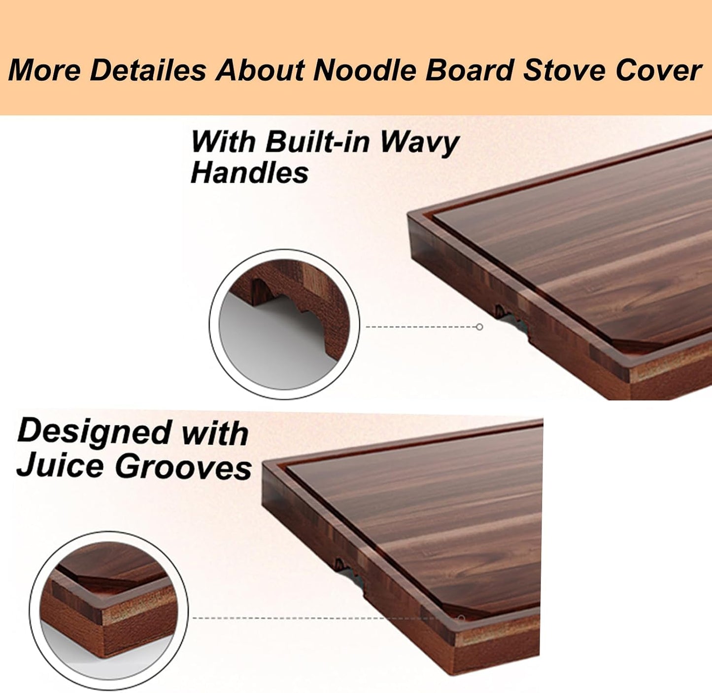 Acacia Stove Top Cover for Gas Burners &amp; Electric Stove, Noodle Board Stove Cover with Wavy Handles, Wooden Stovetop Cutting Board with Juice Grooves, Serving Tray 30"L x 22"W x 2.5"H
