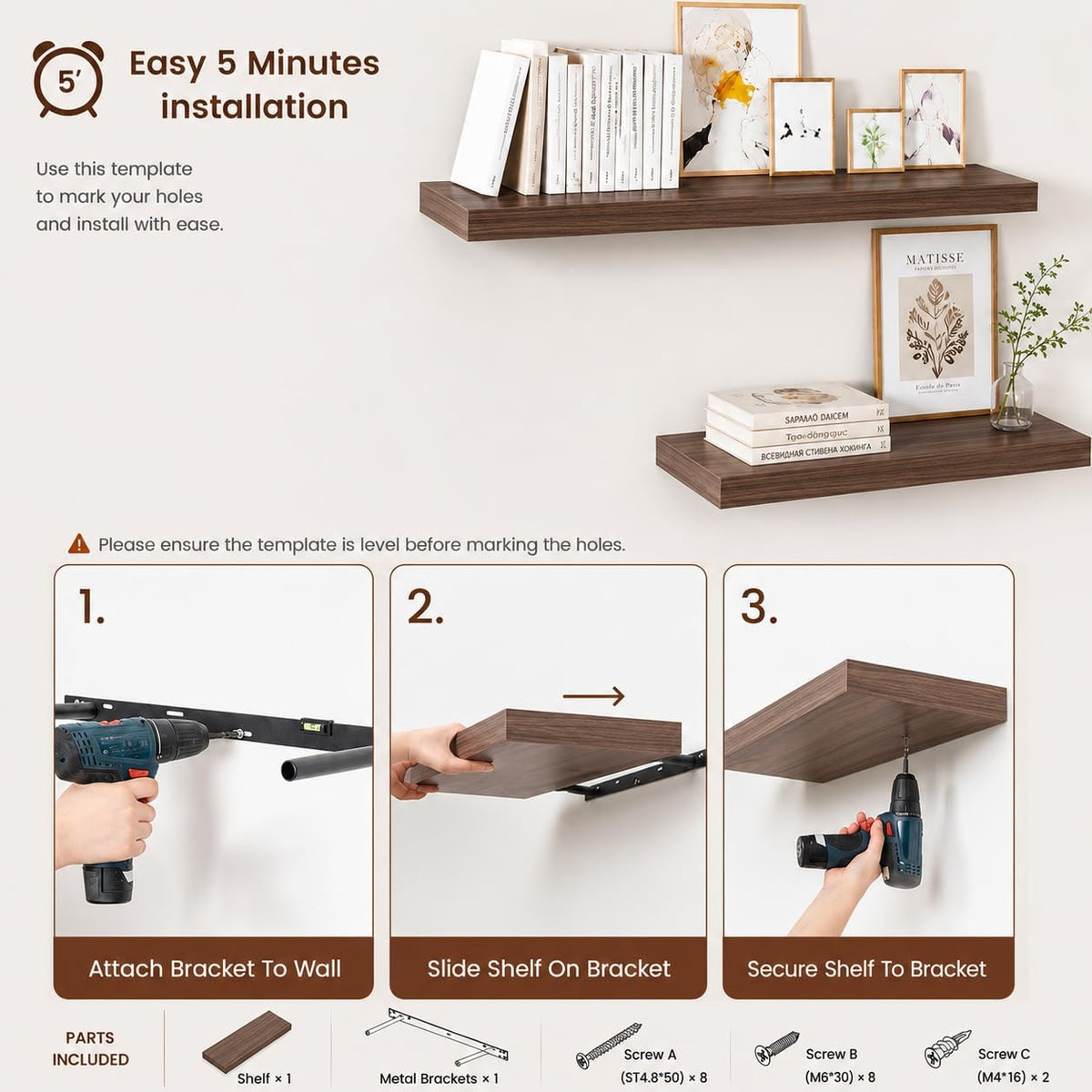 Floating Shelf, Set of 3 Wall Shelf, 24 in W x 10 in D x 1 in H Wooden Floating Wall Shelf with Invisible Brackets for Living Room/Bedroom/Bathroom/Kitchen Storage and Decor, Walnut