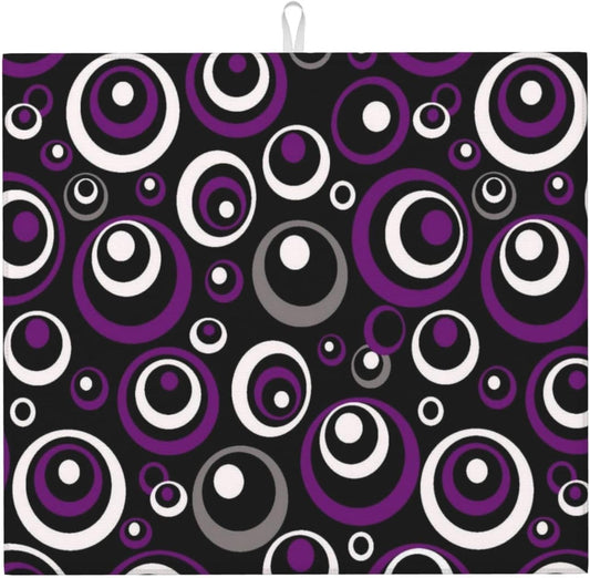 Purple White and Black Circle Pattern Dish Drying Mat, Absorbent Microfiber Decorative Kitchen Counter Mat, 16x18 inch