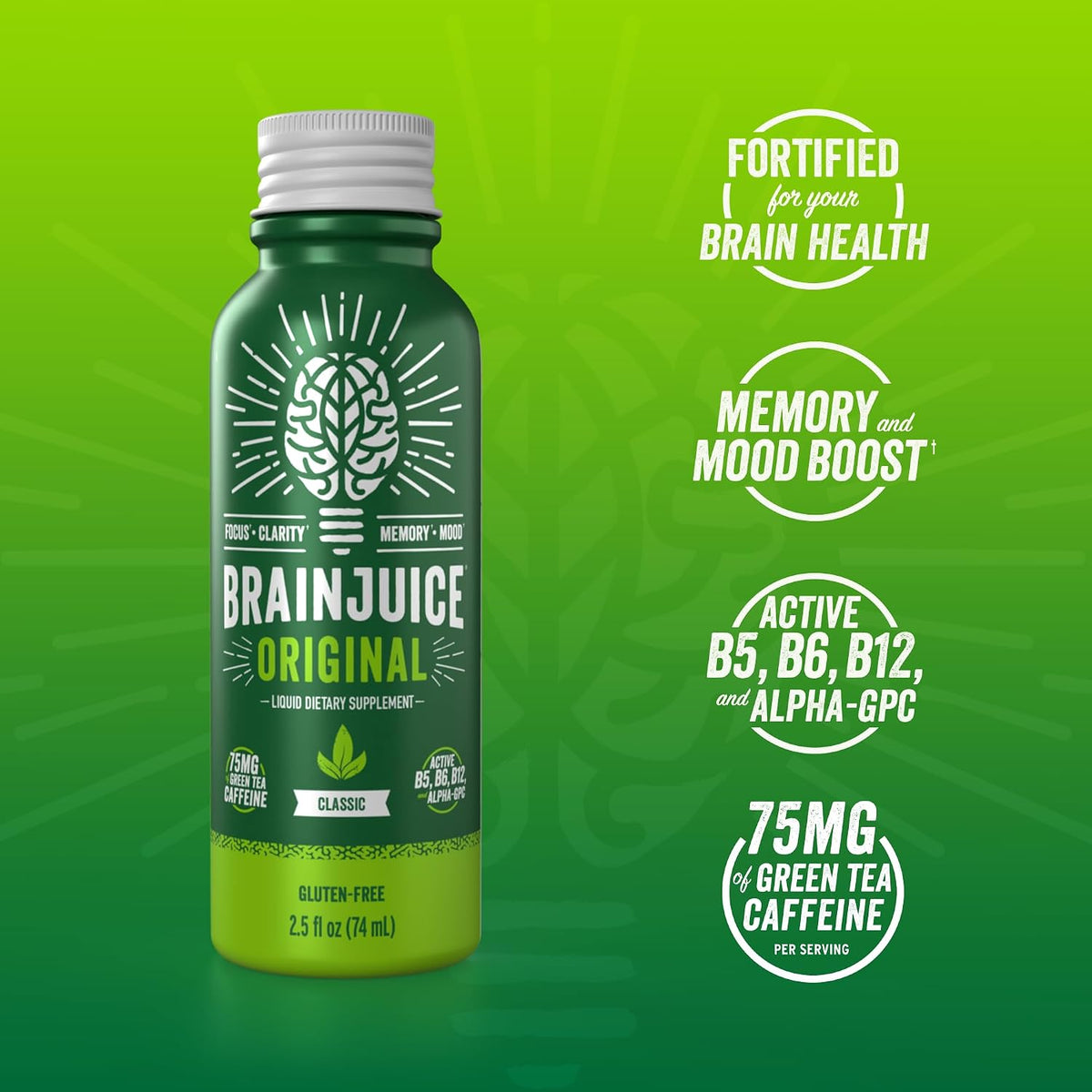BrainJuice Classic Green Tea Nootropic Supplement Shot, 2.5 fl oz, 12 Pack