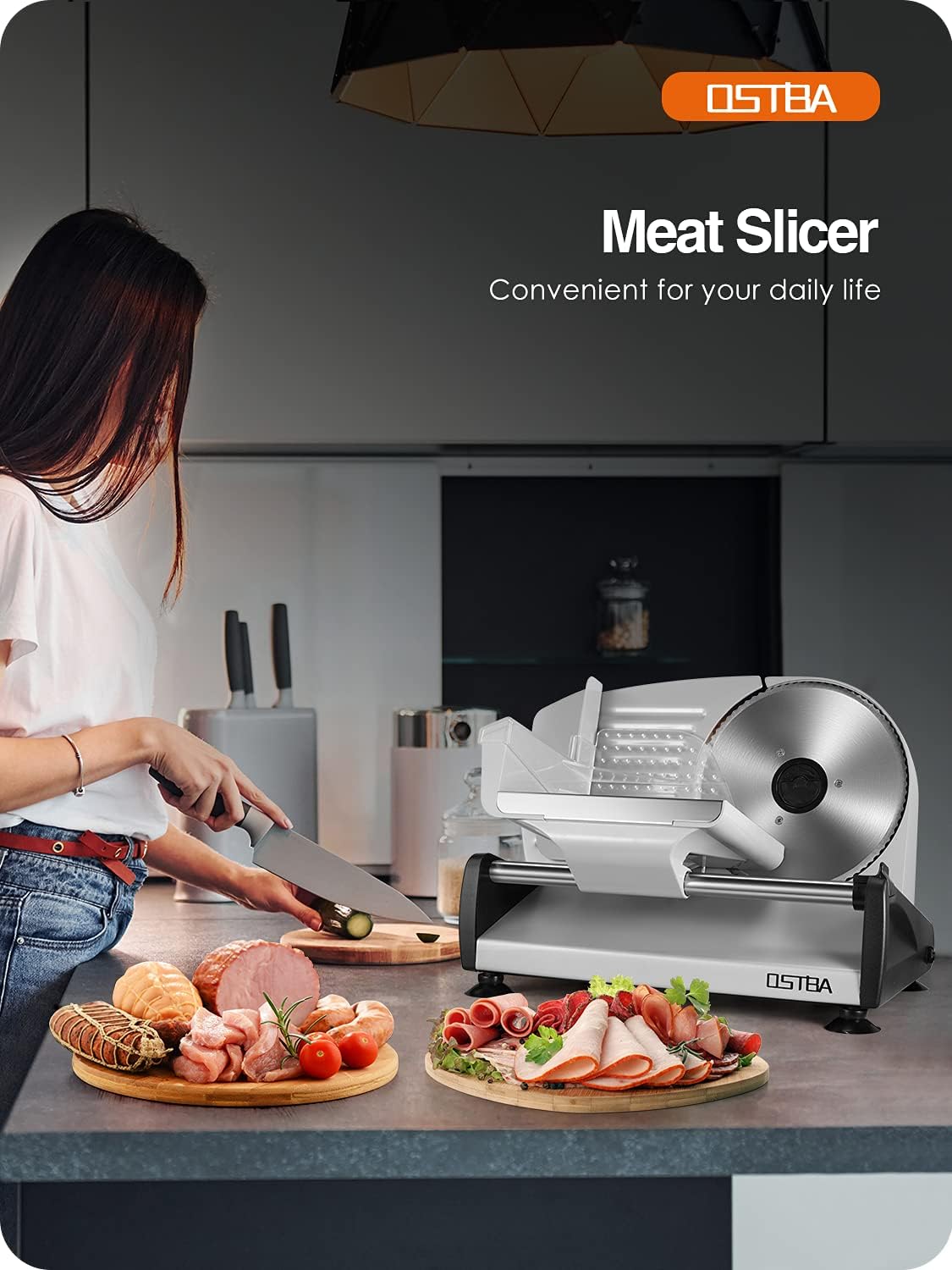 OSTBA Electric Meat Slicer with 7.5” Stainless Steel Blades, 200W
