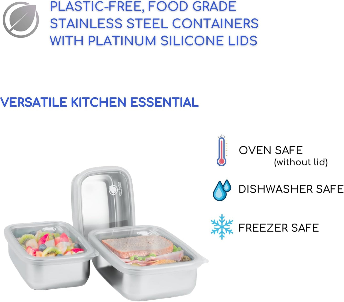 Stainless Steel Food Storage Containers with Clear Platinum Silicone Lids, Airtight