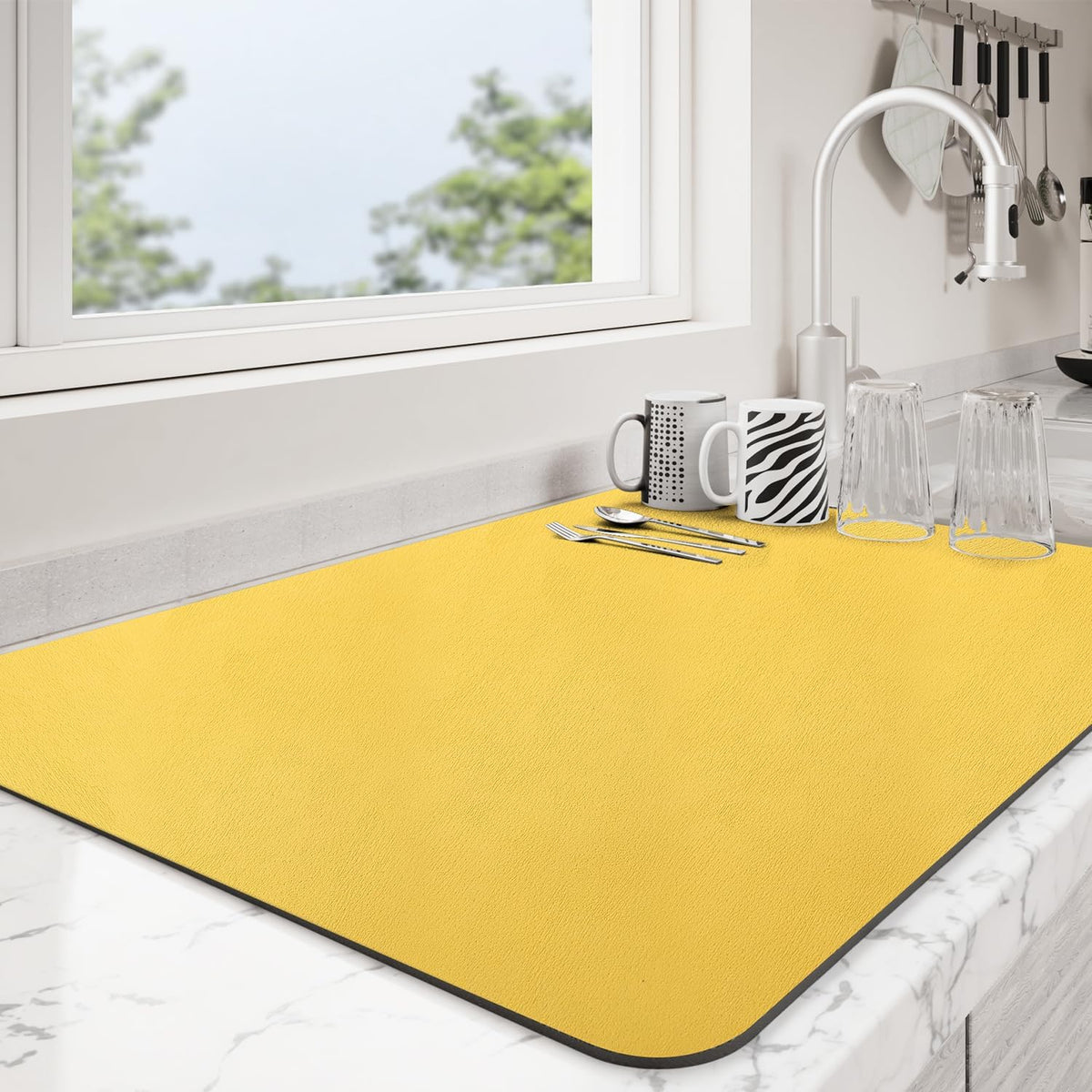 Dish Drying Mat for Kitchen Counter | Coffee Bar Mat for Countertops | Heat Resistant Drainer Mat with Non-slip Rubber Backed | Hide Stain Kitchen Absorbent Draining Mat | Yellow 16"x20"
