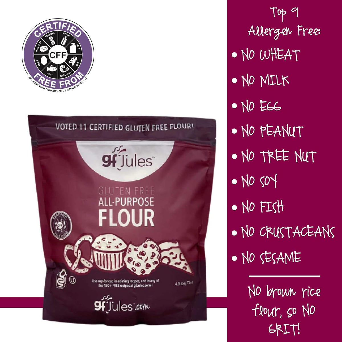 gfJules Gluten-Free All Purpose Flour, Smooth Texture, 72 Ounce Pouch | Certified Gluten-Free, Kosher, Top-9 Allergen-Free, Cup for Cup Baking, Grit-Free, Wheat Substitute