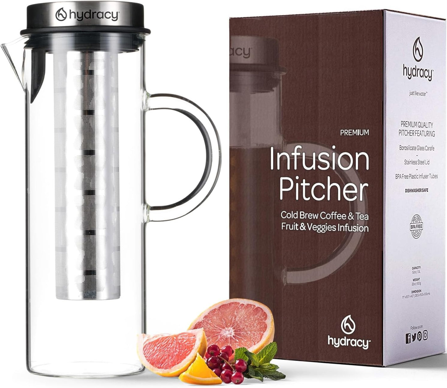 Hydracy Cold Brew Coffee Pitcher,Borosilicate Glass Iced Tea Maker 52oz | BPA-Free,Fruit Infusion Tube,Stainless Steel Lid,Thermal Resistant,Dishwasher Safe,Fits Fridge Door for Home &amp; Office