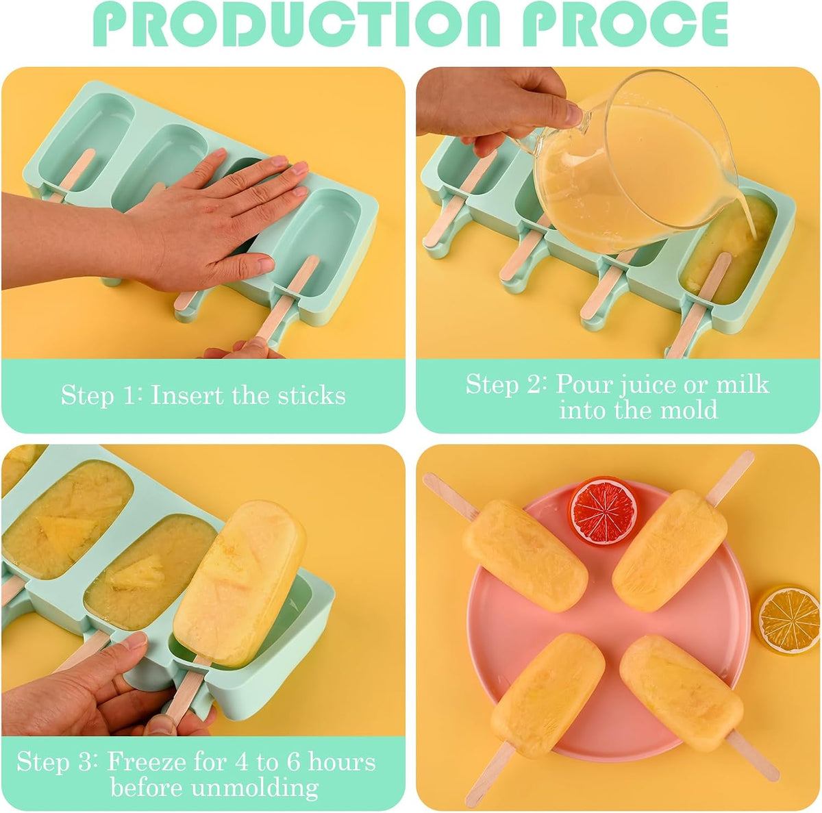 Large Oval 4 Cavities Silicone Popsicle Molds Set of 3, Green | Food Grade Silicone, Easy to Use, Include 150 Pcs Wooden Sticks, Homemade Ice Cream Molds for Ice Pop, Cakesicles, Cake Pop