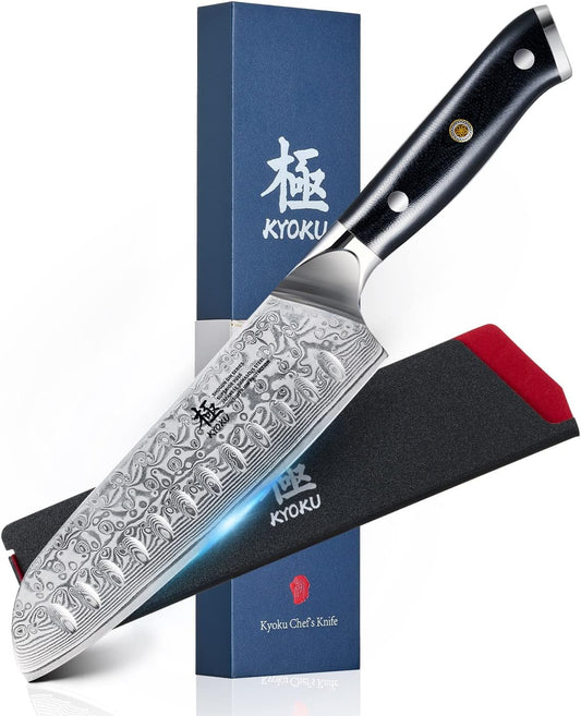 KYOKU Gin Series 7" Santoku Knife, Japanese Chef Knife VG10 Damascus Stainless Steel Kitchen Knife with Silver Ion Blade G10