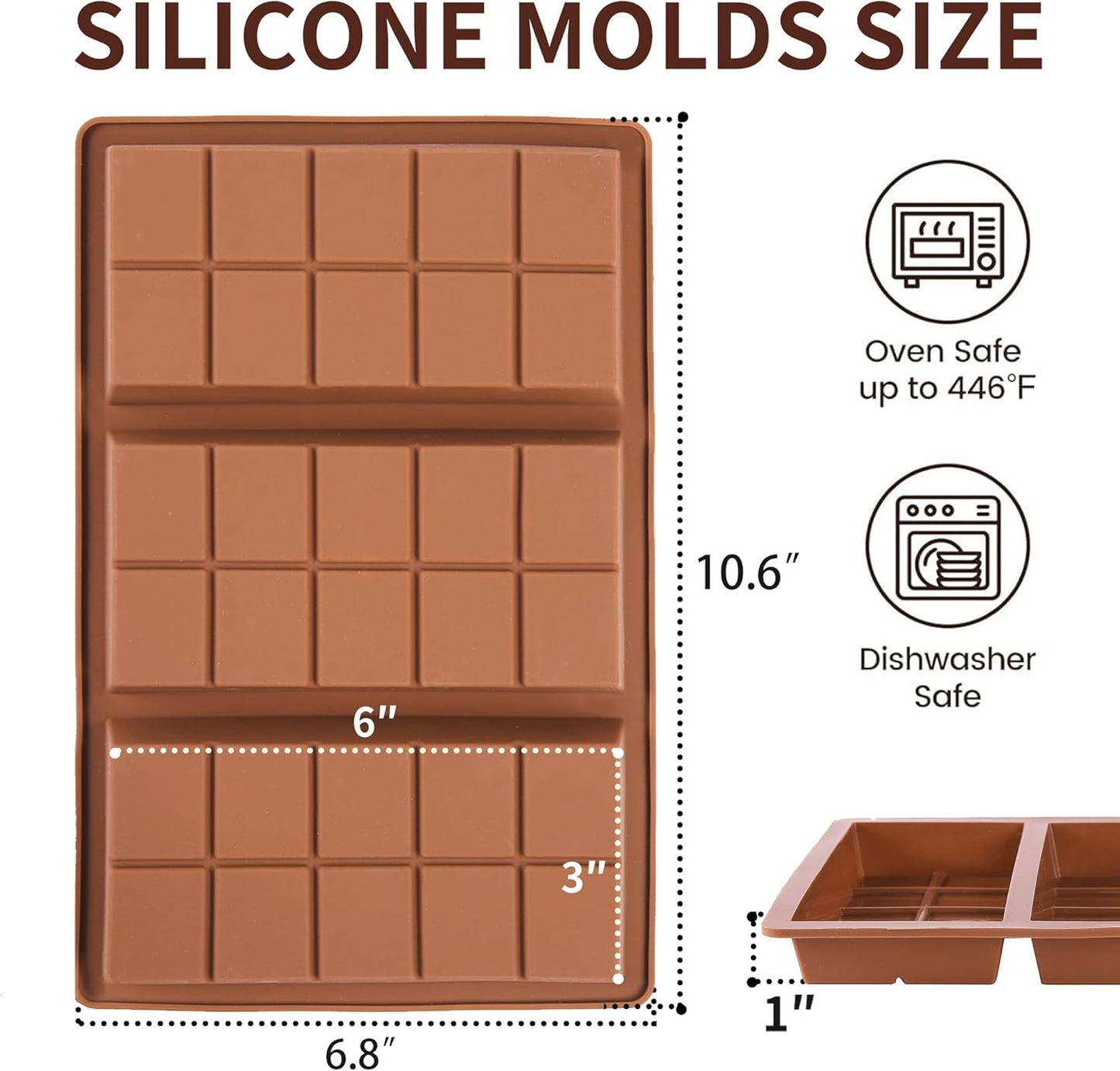 1 Inch Deep Chocolate Bar Mold, 3 Cavity Large Dubai Chocolate Molds, Thick Candy Bar Mould for Filling（2 Packs）