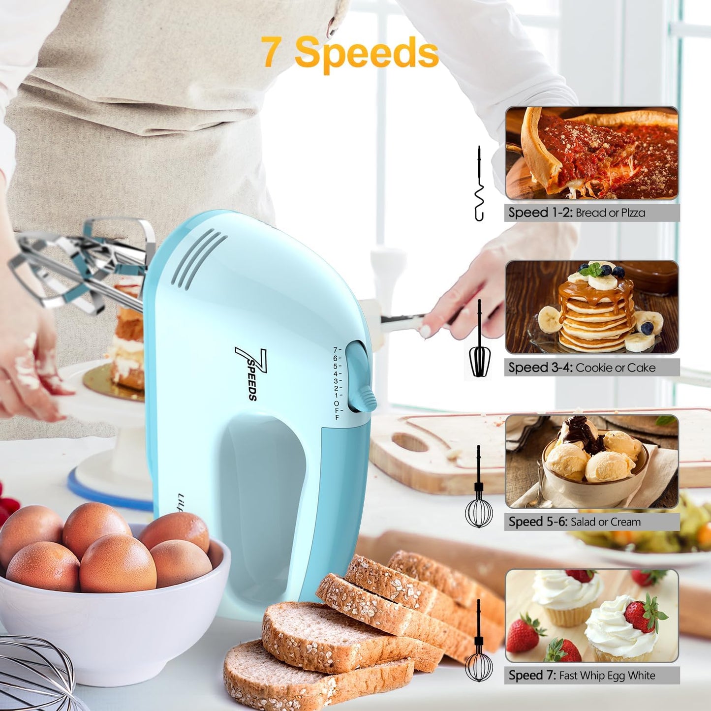 LILPARTNER Hand Mixer Electric, Ultra Power Kitchen Hand Mixer With 7-Speed &amp; 5 Stainless Steel Accessories for Whipping Dough, Cream, Cake, Dishwasher Safe, Light Blue