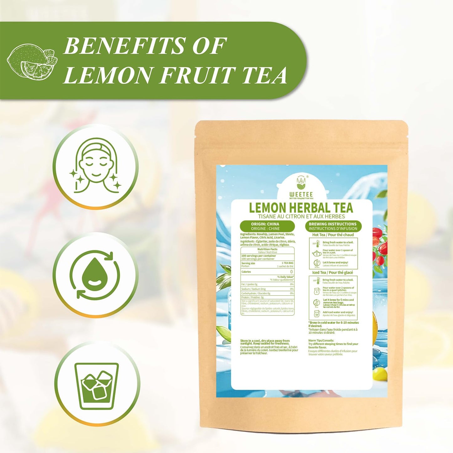 WT WEETEE Lemon Herbal Tea Bags 100ct, Juicy Lemon Flavor, Hot Iced &amp; Cold | Natural Caffeine-free Lemon Tea with Rose Hip &amp; Lemon Peel, Bright, Refreshing Sweet-and-Sour Infusion for On-the-Go