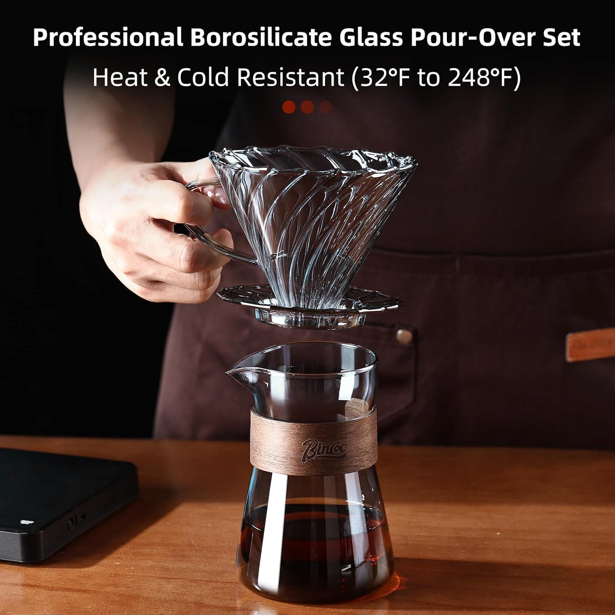 Bincoo Pour Over Coffee Dripper Set, V-shape 60° Cone Drip Coffee Maker, Included Borosilicate Glass Carafer and Coffee Dripper &amp; 50 Pcs Size 02 Paper Filter, 16oz(500ml) (Smoky Gray Set)