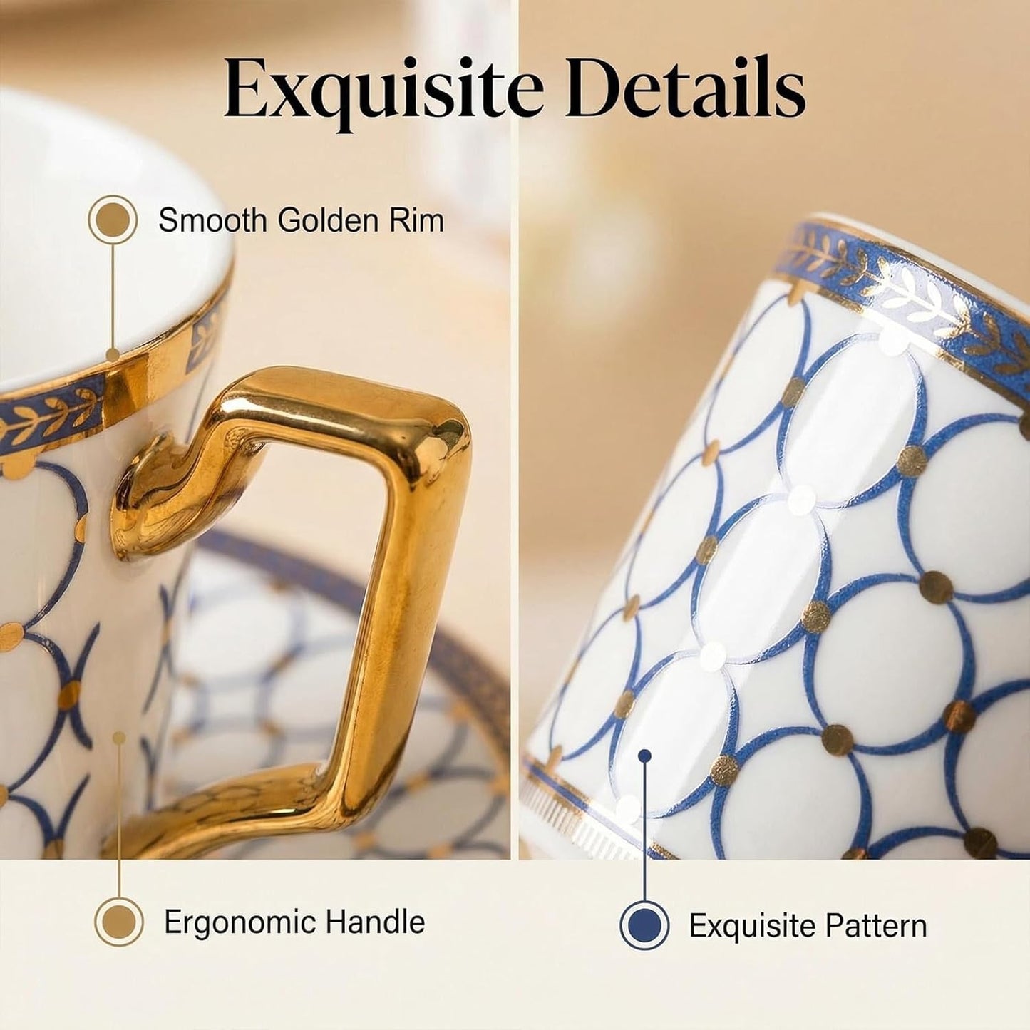 4Pcs White Gold Bone China 7oz Cup Saucer, British Coffee Tea set | Elegant Coffee &amp; Tea Set with Exquisite Gifts Box, Ideal for Women and Adults Afternoon Tea Party