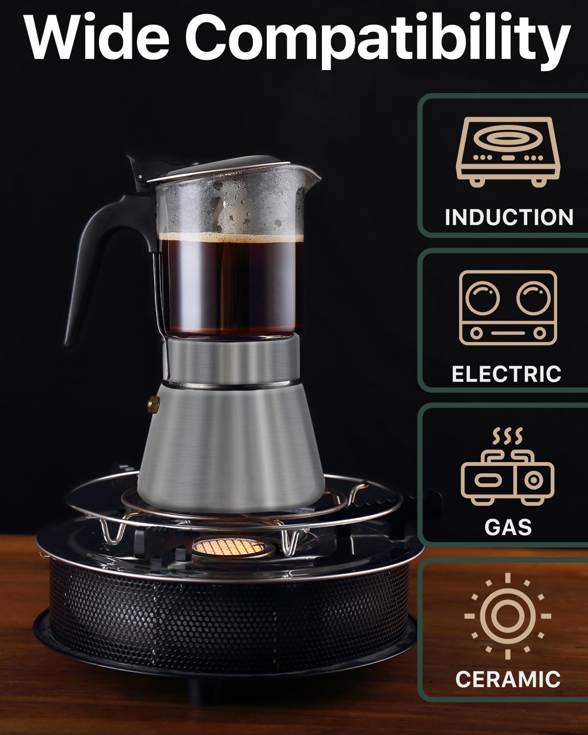 Grasseed Crystal Glass-Top Moka Pot, Polished Stainless Steel Stovetop Espresso Maker for Italian Coffee, Gift for Coffee Lovers - 6 Cup/240ml/8.4oz