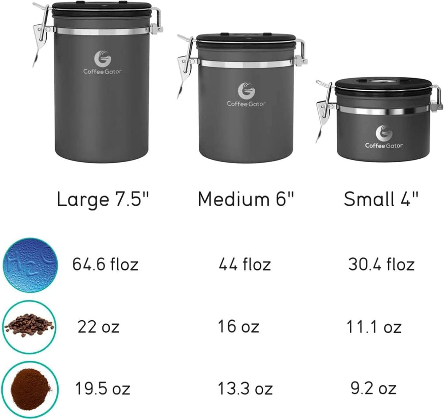 Coffee Gator Coffee Canister, 16oz Airtight Containers &amp; Travel Jar | w/ Date Tracker, Scoop, Valve Kitchen Food Storage Jars for Beans, Ground, Rice, Tea, Sugar, Cookie, Bar Accessories, Gray