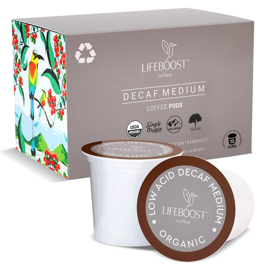 Lifeboost Organic Decaf Coffee K Cups - Low Acid Single Origin Non-GMO Mold Free Decaf Coffee Pods Compatible with Keurig &