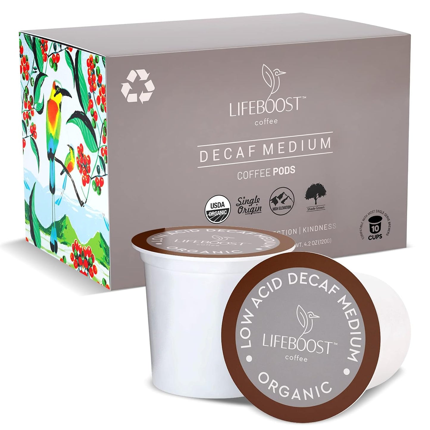 Lifeboost Organic Decaf Coffee K Cups - Low Acid Single Origin Non-GMO Mold Free Decaf Coffee Pods Compatible with Keurig &amp; Keurig 2 - Third Party Tested for Mycotoxins and Pesticides - 10 Count