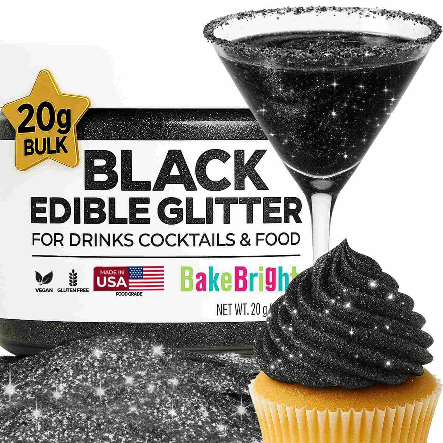 Bulk 20g Black Edible Glitter for Drinks | Premium Edible Glitter for Cakes, Cocktails, Black Cake D