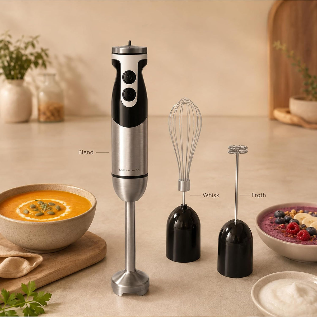 MegaWise 3‑in‑1 Immersion Hand Blender, 12‑Speed Titanium Stainless Steel Stick Blender with Whisk &amp; Milk Frother