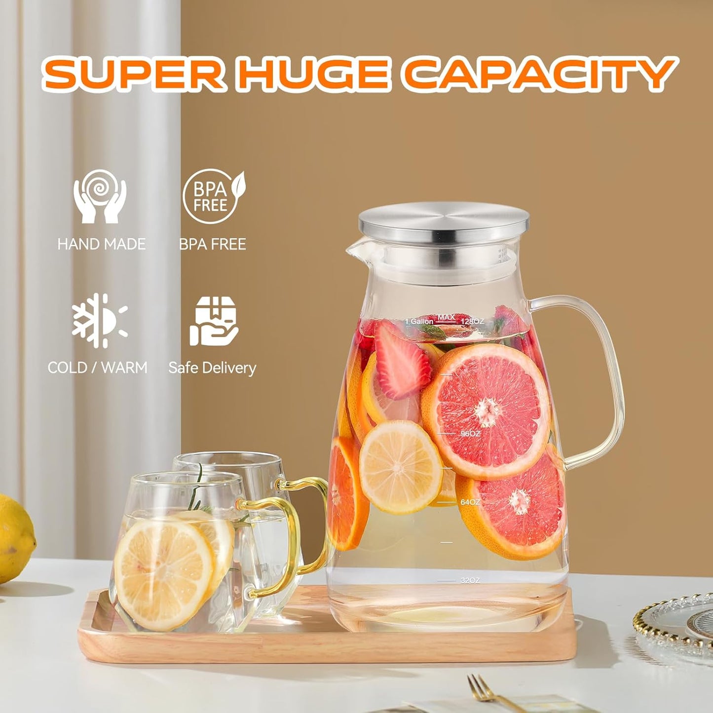 Aofmee Glass Pitcher with Lid and Handle, Glass Water Pitchers, 1 Gallon | Thickened Borosilicate Glass Iced Tea Pitcher, Drip-free Spout, Heat Resistant, Stovetop Dishwasher Safe Jug Jar