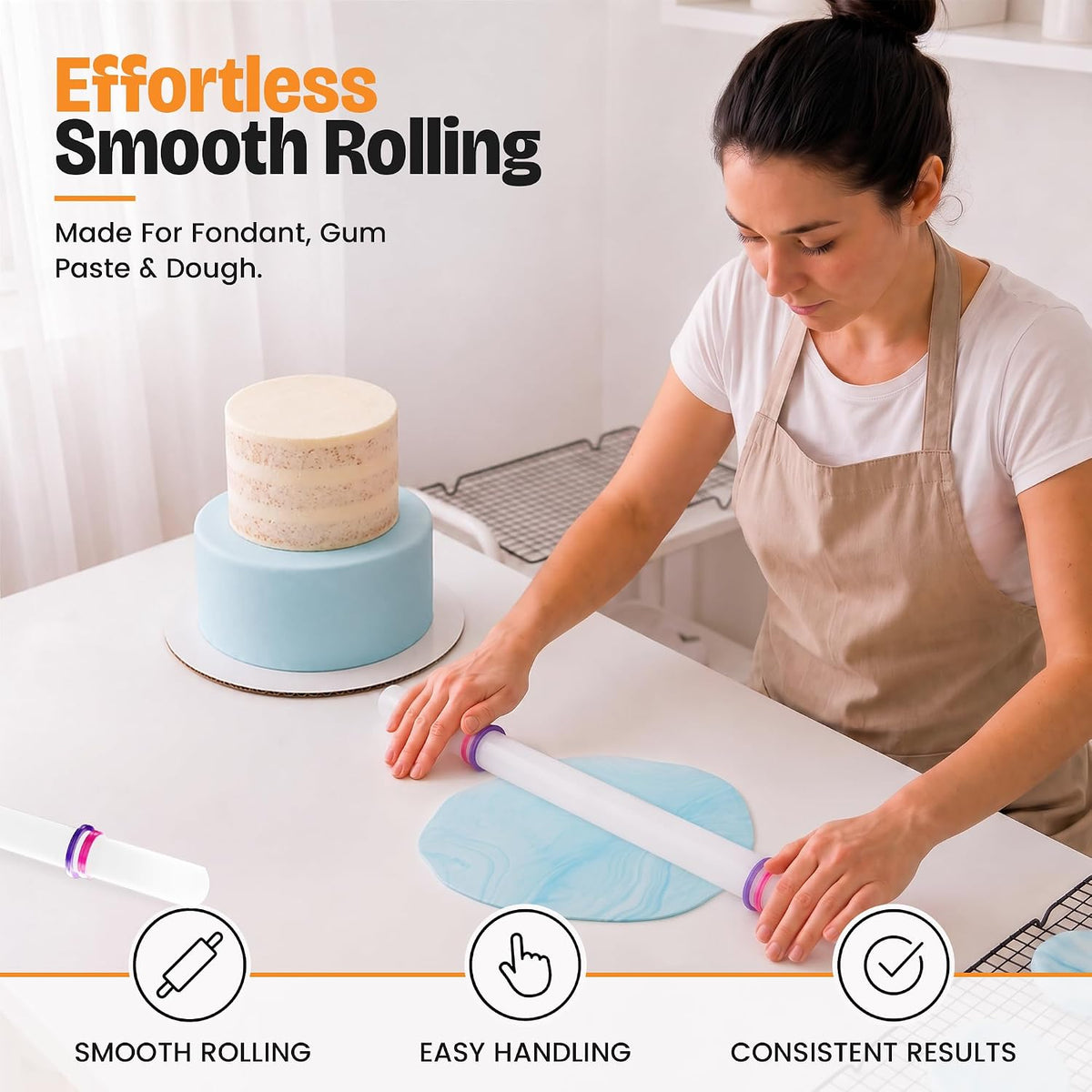 Bakerpan Fondant Roller Set - 3 Fondant Rolling Pins with Thickness Guide Rings for Fondant, Gum Paste, Sugar Paste &amp; Cake Decorating - 19.5", 13" &amp; 9"