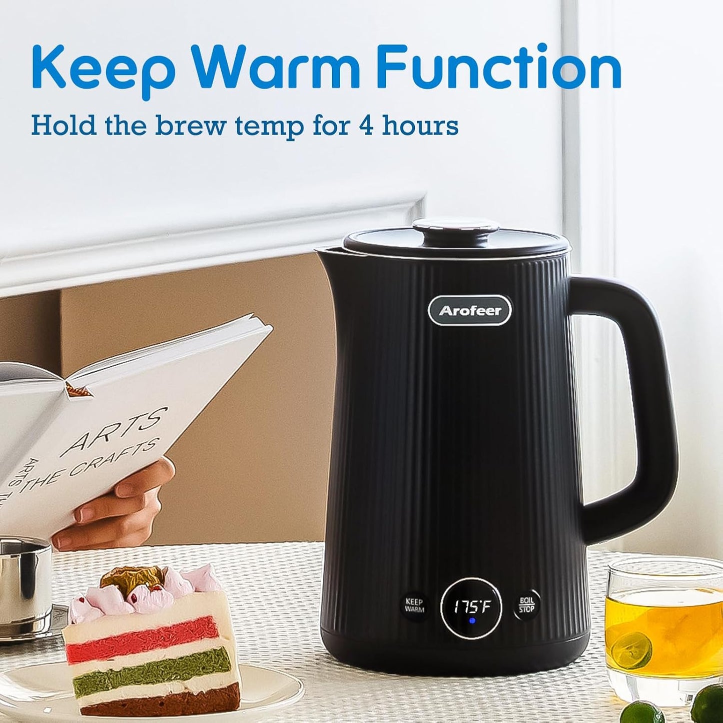 Arofeer® Electric Kettle Temperature Control, 1.7L Stainless Steel Electric Tea Kettle with LED Display, 5 Presets, 4-Hour Keep Warm, Fast Boil Hot Water Kettle for Tea, Coffee &amp; Oatmeal, Black