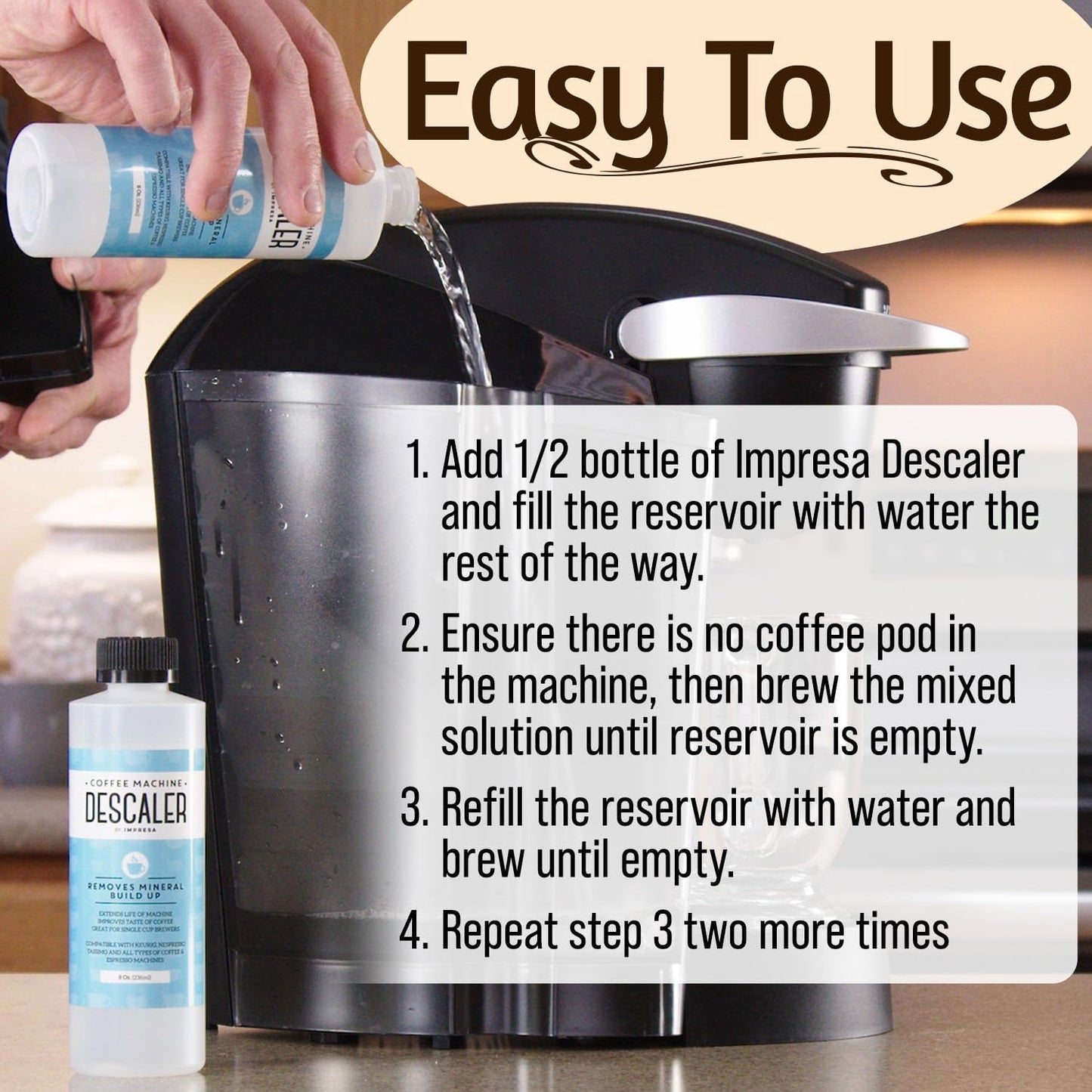 IMPRESA Coffee Machine Descaler - Machine-Safe Formula &amp; Descaling Solution - Universal Descaler for Coffee Maker Compatible with Keurig, Nespresso, Breville &amp; More - 3 Pack, 6 Uses, Made in USA