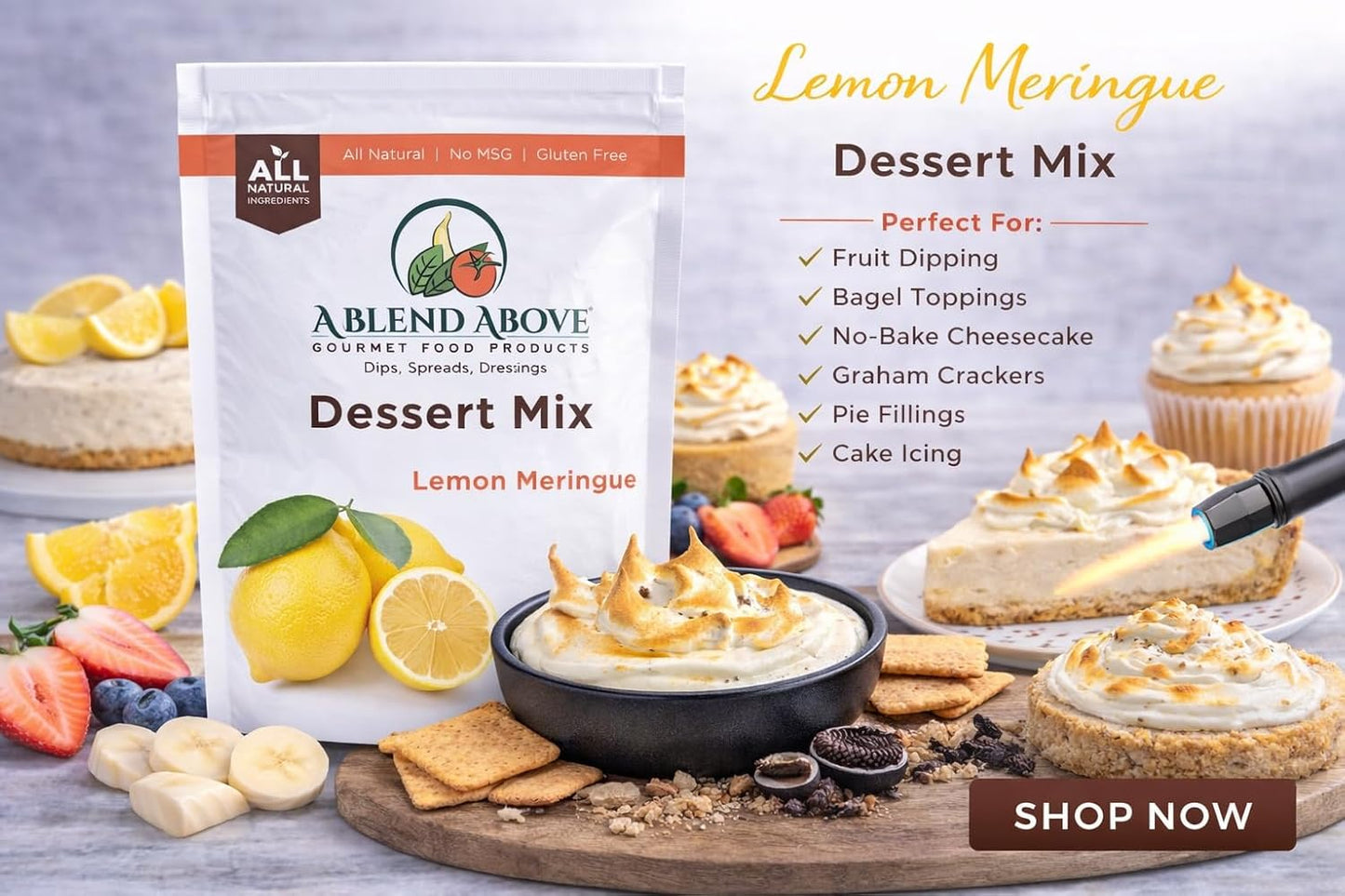 A Blend Above Lemon Meringue Pie Mix - No-Bake Desserts, All Natural, Gluten Free, No MSG - Instant Dessert Mix, Fruit Dip, Bagel Topping, Frosting, Cheesecake Filling - Makes 16 Oz (Pack of 3)