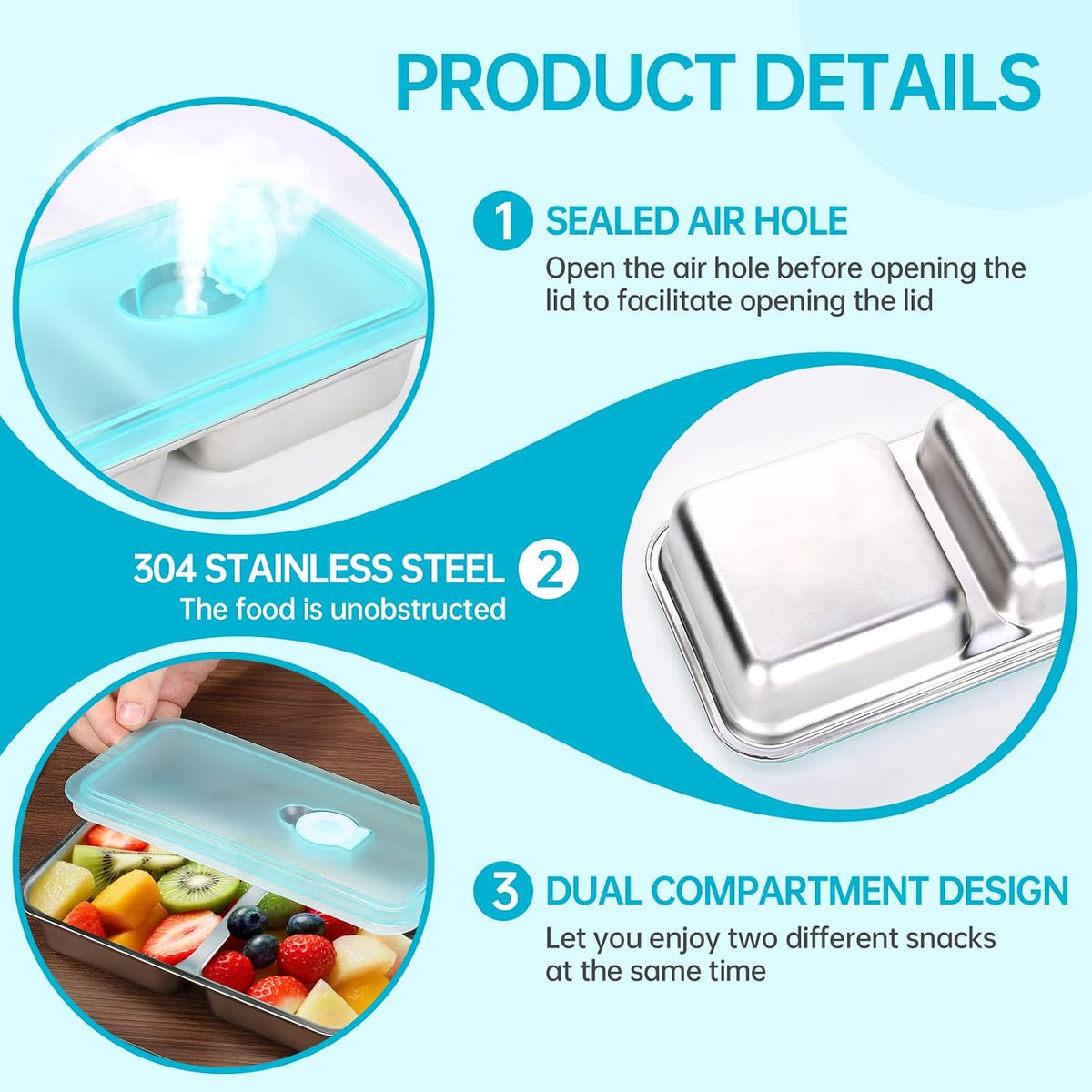 4 Pack Stainless Steel Snack Containers Reusable, Grab and Go 2 Compartment Food Storage Containers with Leakproof Lids for Travel and Outdoor Camping School Lunch Prep Dishwasher Safe 7.9" Size