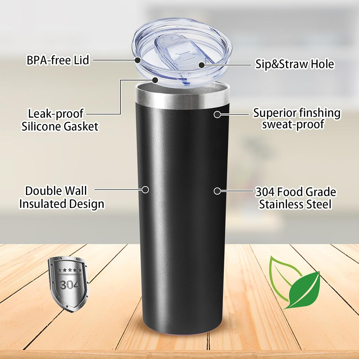 20 oz Skinny Tumblers with Lid and Straw,Stainless Steel Vacuum Insulated Tumbler Cup Double Wall Travel Coffee Mug, Thermal Water Tumbler for Hot and Cold Drinks(Black,4)