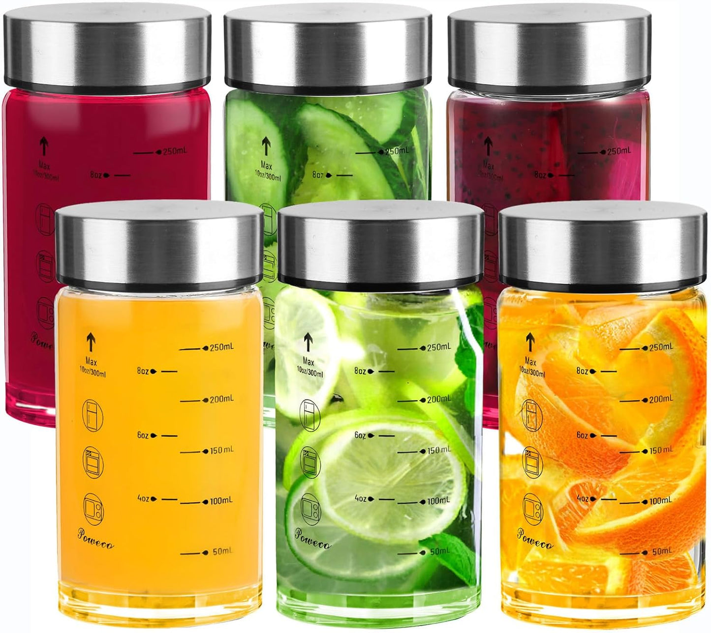 Glass Juice Bottles 6 Pack 10 oz - Wide Mouth Glass Water Bottles with Lids - for Juicing, Protein, 