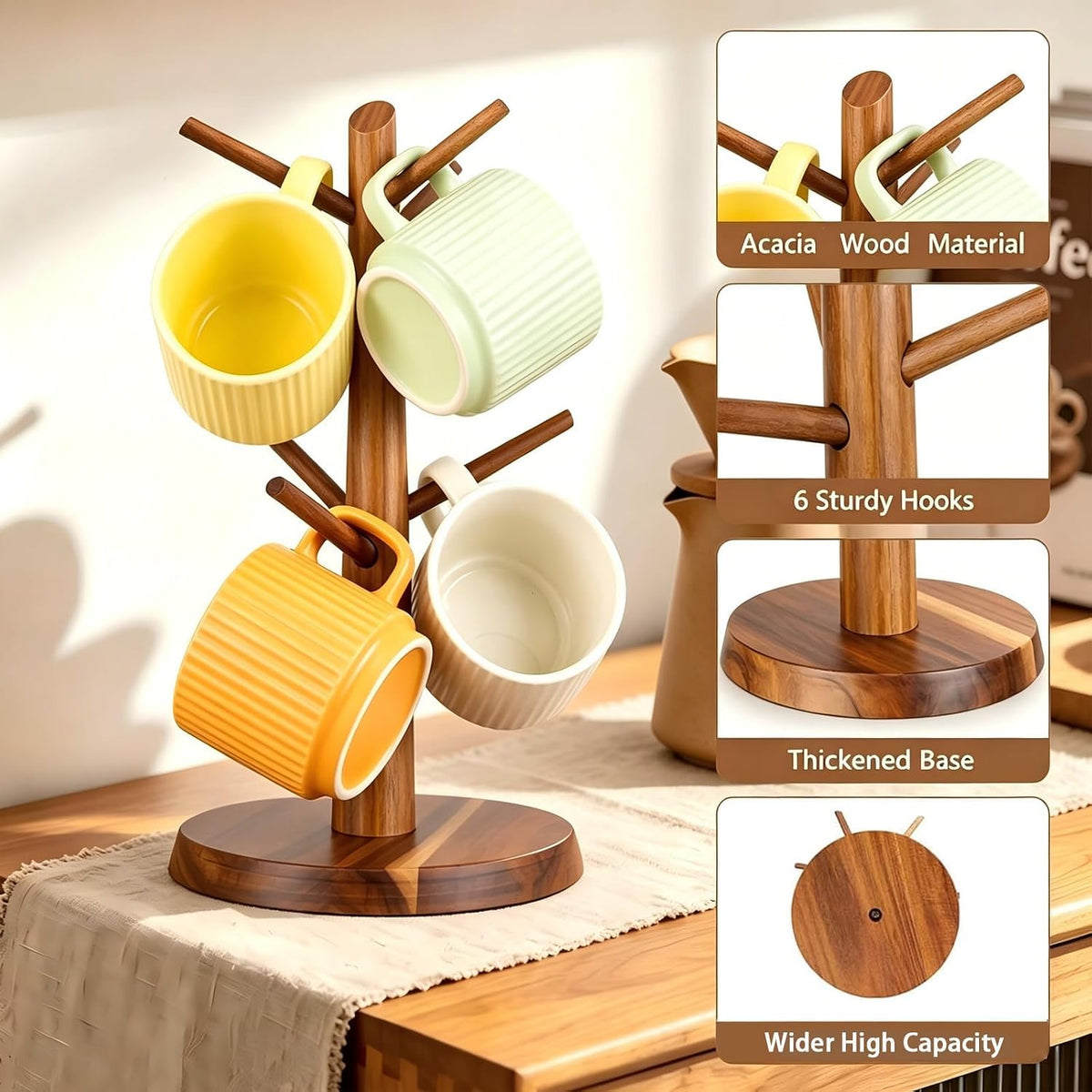 Acacia Wood Coffee Mug Tree Holder Countertop with 6 Hooks