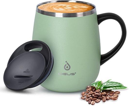 Ideus 16 oz Insulated Coffee Mug with Handle and Lid, Double Wall Stainless Steel Vacuum Thermal Coffee Mug, Travel Coffee