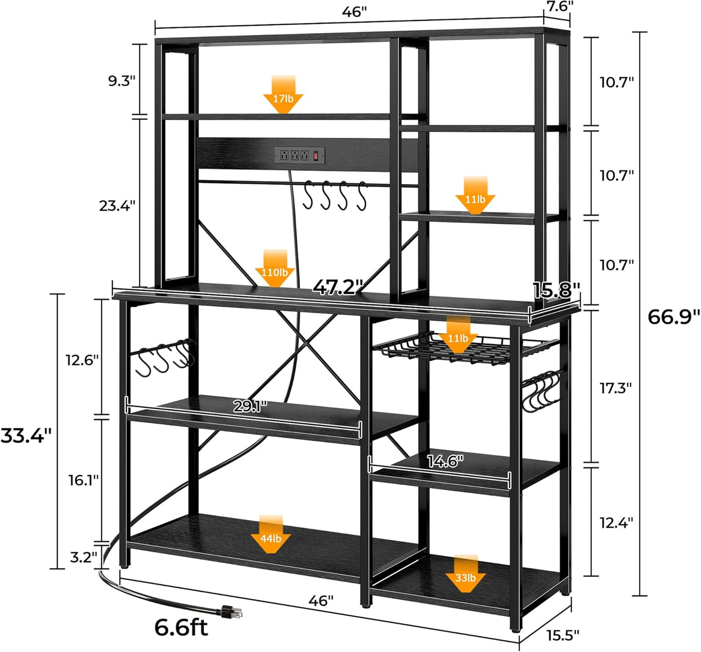 SUPERJARE Large Bakers Rack with Power Outlets, 47.2 Inches Microwave Stand