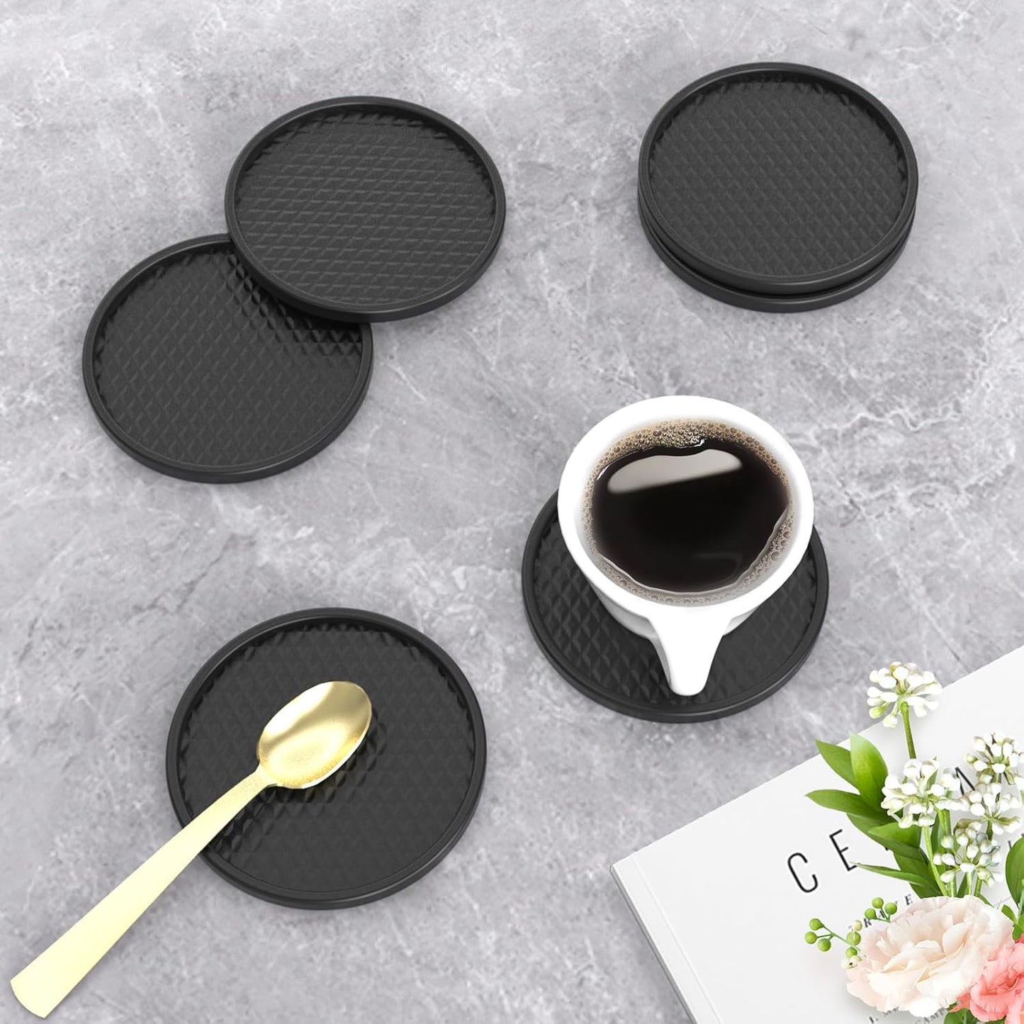 Silicone Coffee Mat with 6 Coasters,24"x16" Counter Bar Mat Fits Under Coffee Maker/Pot &amp; Espresso Machine, Bar Aceessories,Detachable Drying Pad for Tamper,Sugar Packets,Cups &amp; Countertop Protection