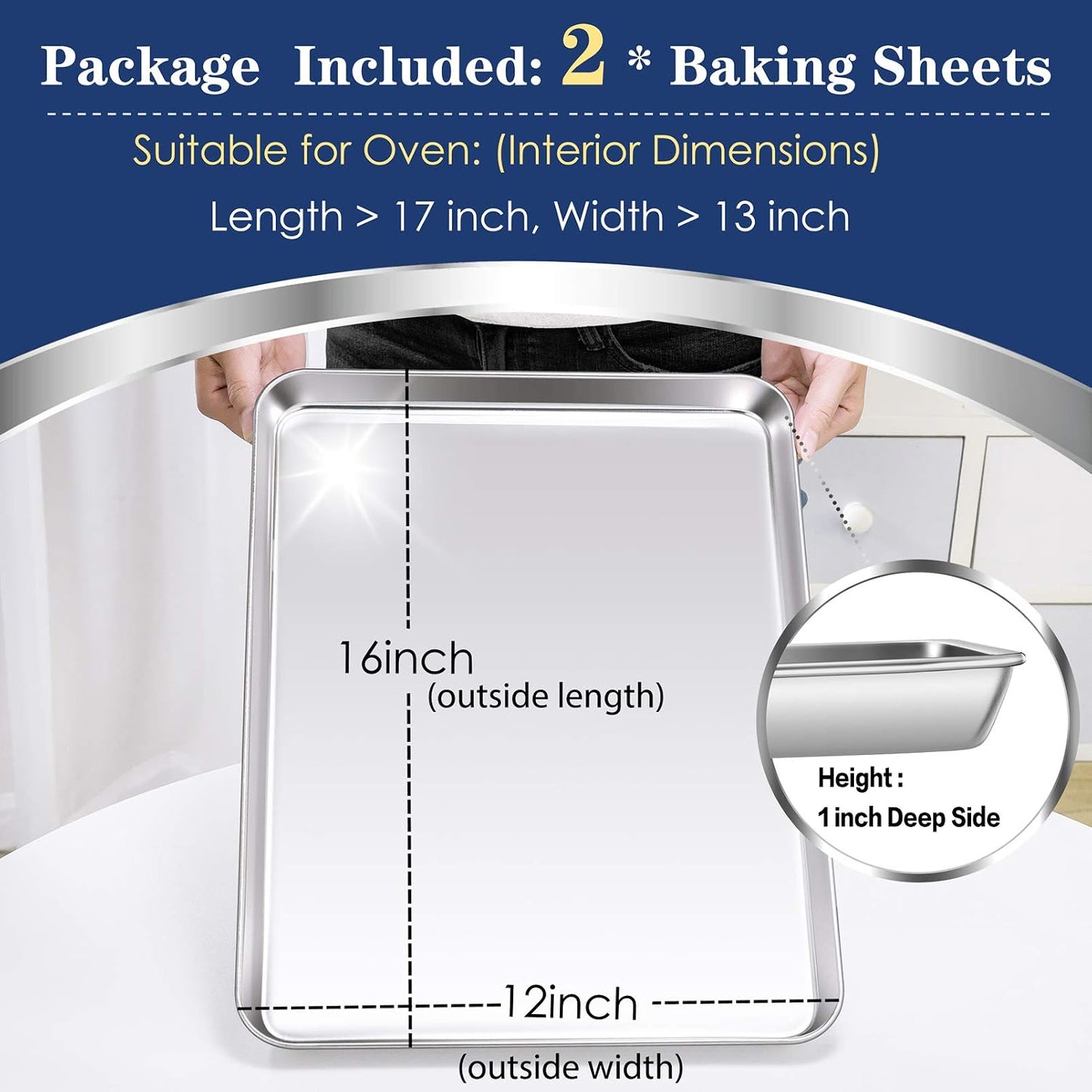 P&amp;P CHEF Baking Sheet Pan, Stainless Steel Cookie Sheet, 16 Inch &amp; 2 Pcs | Oven Tray Sheet Pan for Baking &amp; Serving, Baking Tray for Multi Uses, Heavy Duty &amp; Non-toxic, Rust Free &amp; Dishwasher Safe