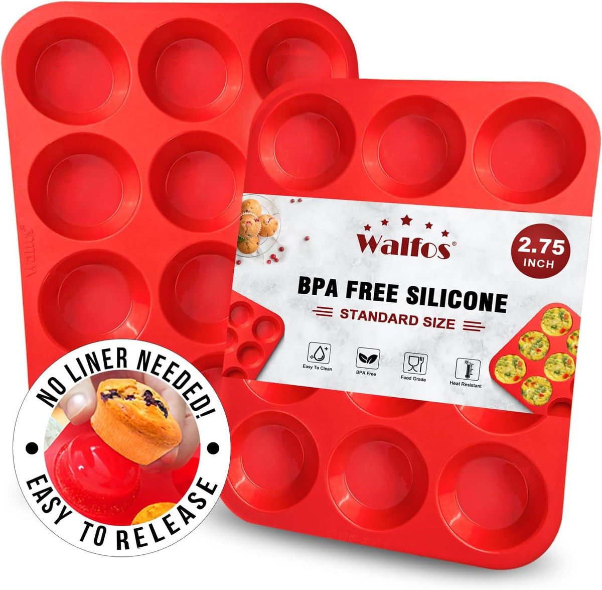 Walfos Muffin Pan Set - 12 Cups Regular Silicone Cupcake Pan