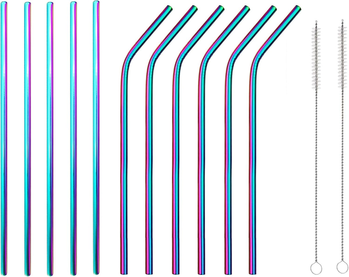 10 Pcs Stainless Steel Straws, Reusable Drinking Straws, 5 Straight + 5 Bent Metal Straws Set With 2 Pcs Cleaning Brushes (Colorful, 8.5 Inch)