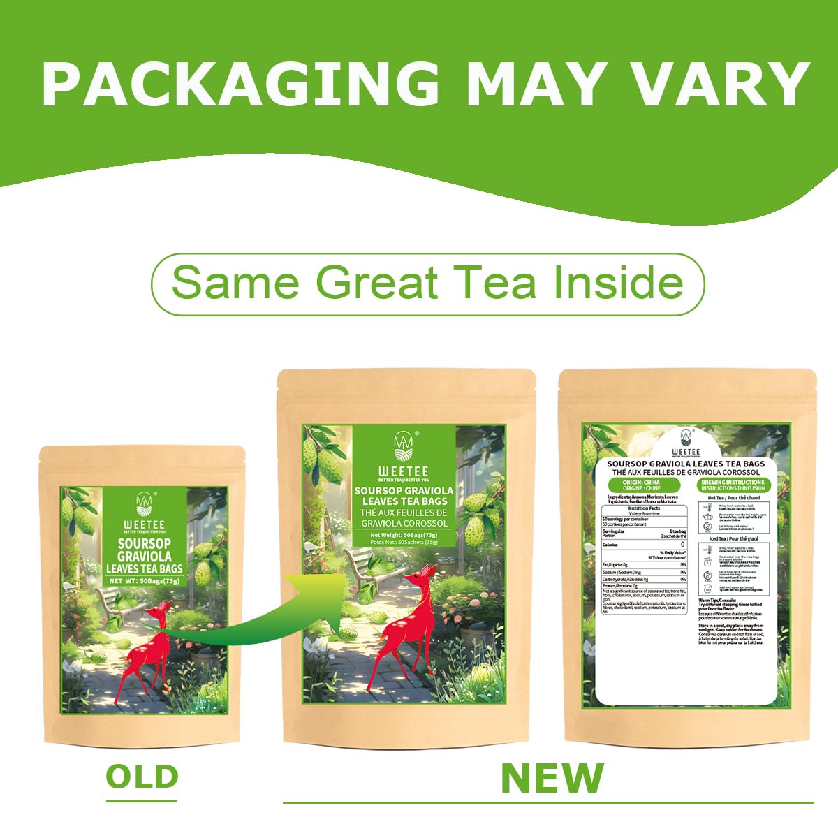 WT WEETEE Soursop Leaves Tea Bags 50 Count, Made with 100% Pure Soursop Graviola/Guanabana Leaves, Natural Caffeine-free Herbal Tea, Corn Fiber Tea Bags