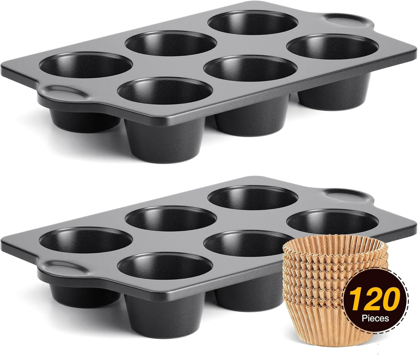 Nonstick Jumbo Muffin Pan, 2 Pack Large Cupcake Tin with 120pcs Muffin Liners, Cup Cake Tray for Baking, 3.5dia, 6 Cup, Premium, Extra Thick
