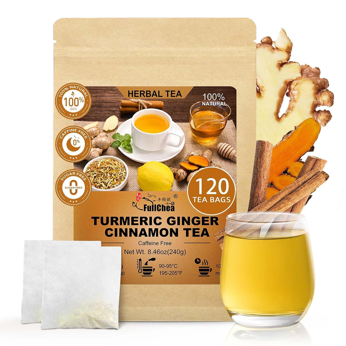 FullChea - Turmeric Ginger Cinnamon Tea Bags, 120 Count, Dried Herbal Blend | Pure turmeric ginger cinnamon herbal tea, naturally rich in antioxidants, Non-GMO, caffeine-free and easy to brew hot or iced