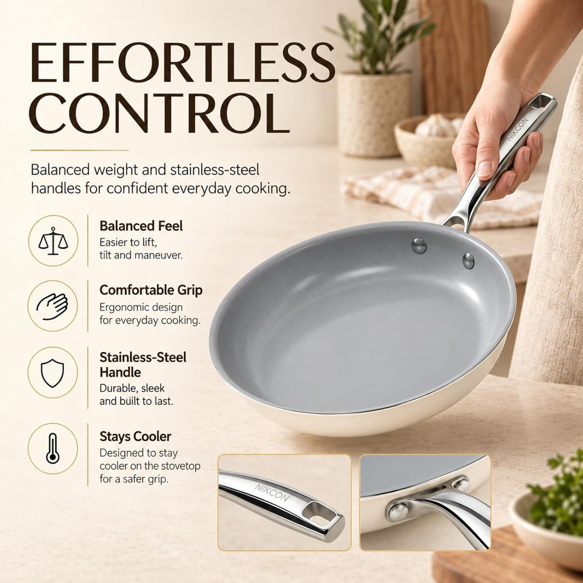 Kikcoin Ceramic Nonstick Frying Pan Skillets - 3 Sizes Omelette Pans for Healthly Cooking, 8+9.5+11 Inch Egg Pan with Stay Cool Handle, Free of PFAS PFOA PTEE, Oven/Dishwasher Safe for Busy Kitchen