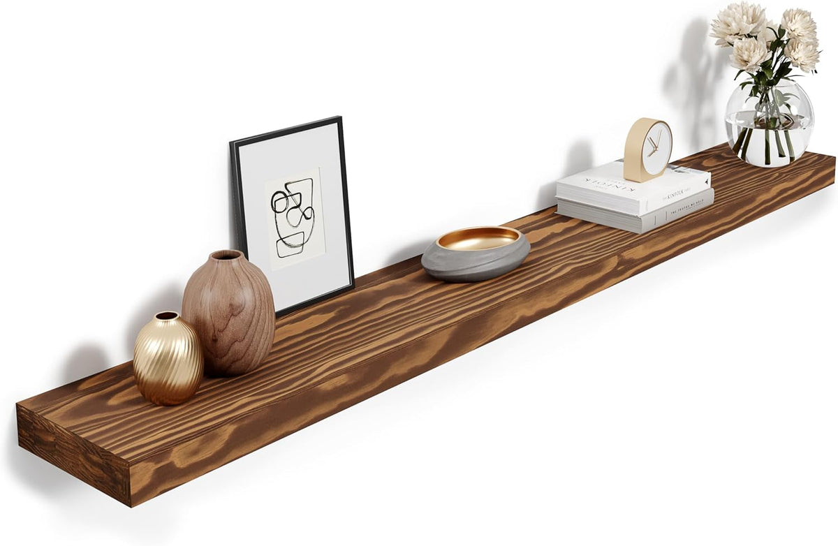 Howizz 60'' Pine Wood Floating Shelf for Wall, Rustic Wall Mounted Wooden Shelf with Invisible Brackets, Fireplace Mantel Shelf for Living Room, Bedroom, Bathroom &amp; Home Decor, Light Walnut, 1 Pcs