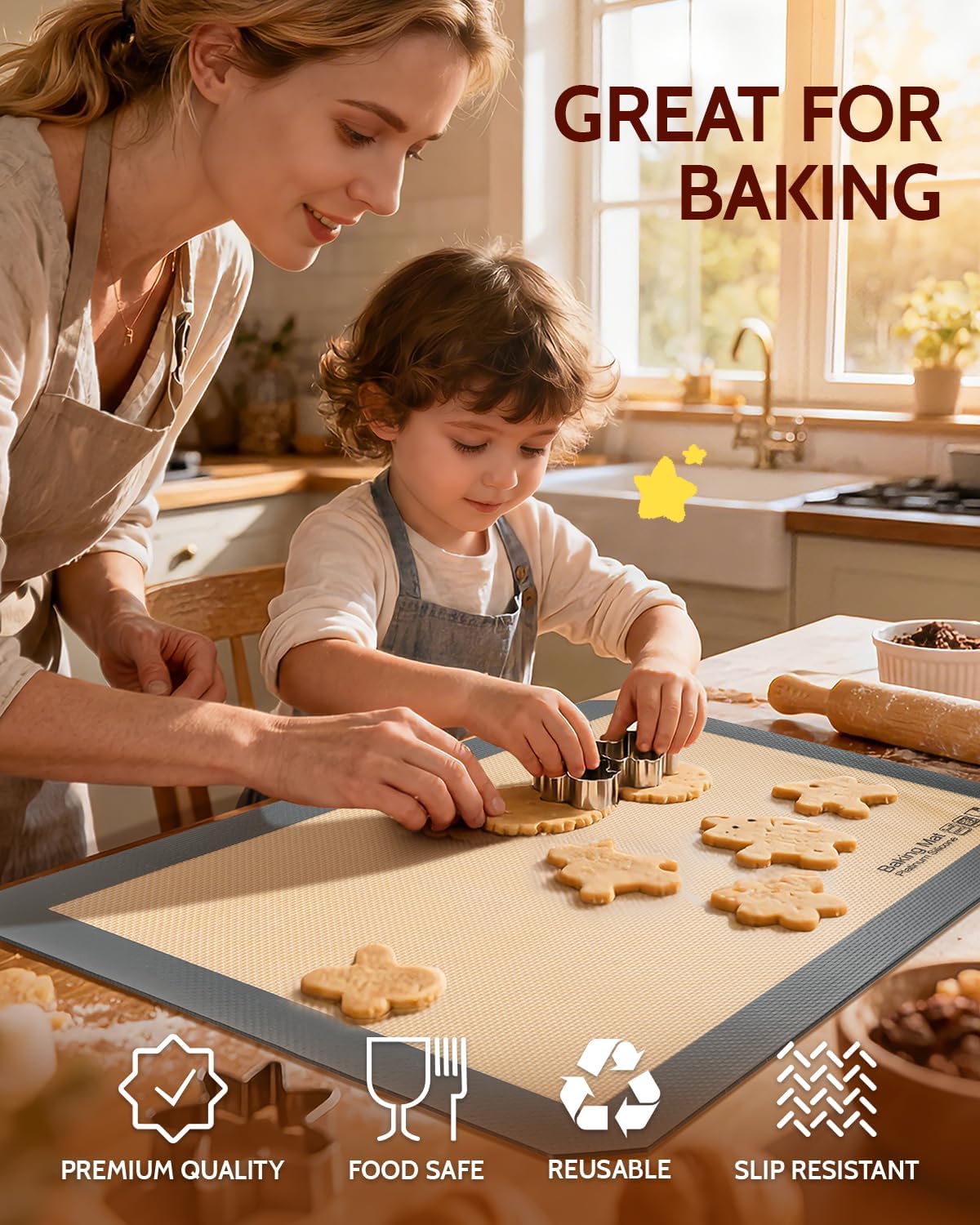 Non Stick Silicone Baking Sheet - 2 Half &amp; 2 Quarter &amp; 9'' Round Baking Mat