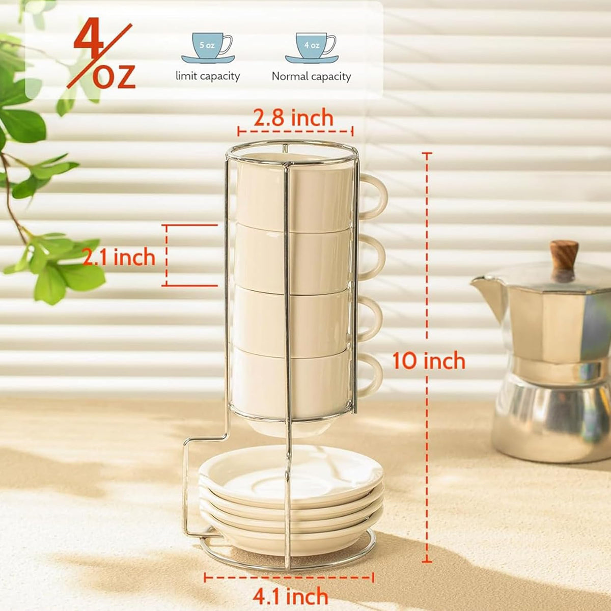 Sweese 4 Ounce Porcelain Stackable Espresso Cups with Saucers and Metal Stand Set of 4, White