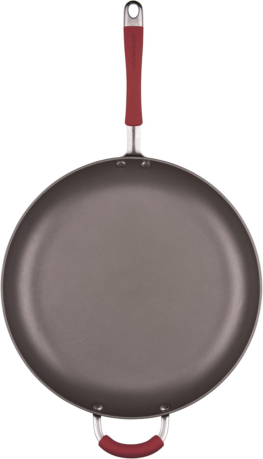 Rachael Ray 87631-T Cucina Hard Anodized Nonstick Skillet with Helper Handle, 14 Inch Frying Pan, Gray/Red