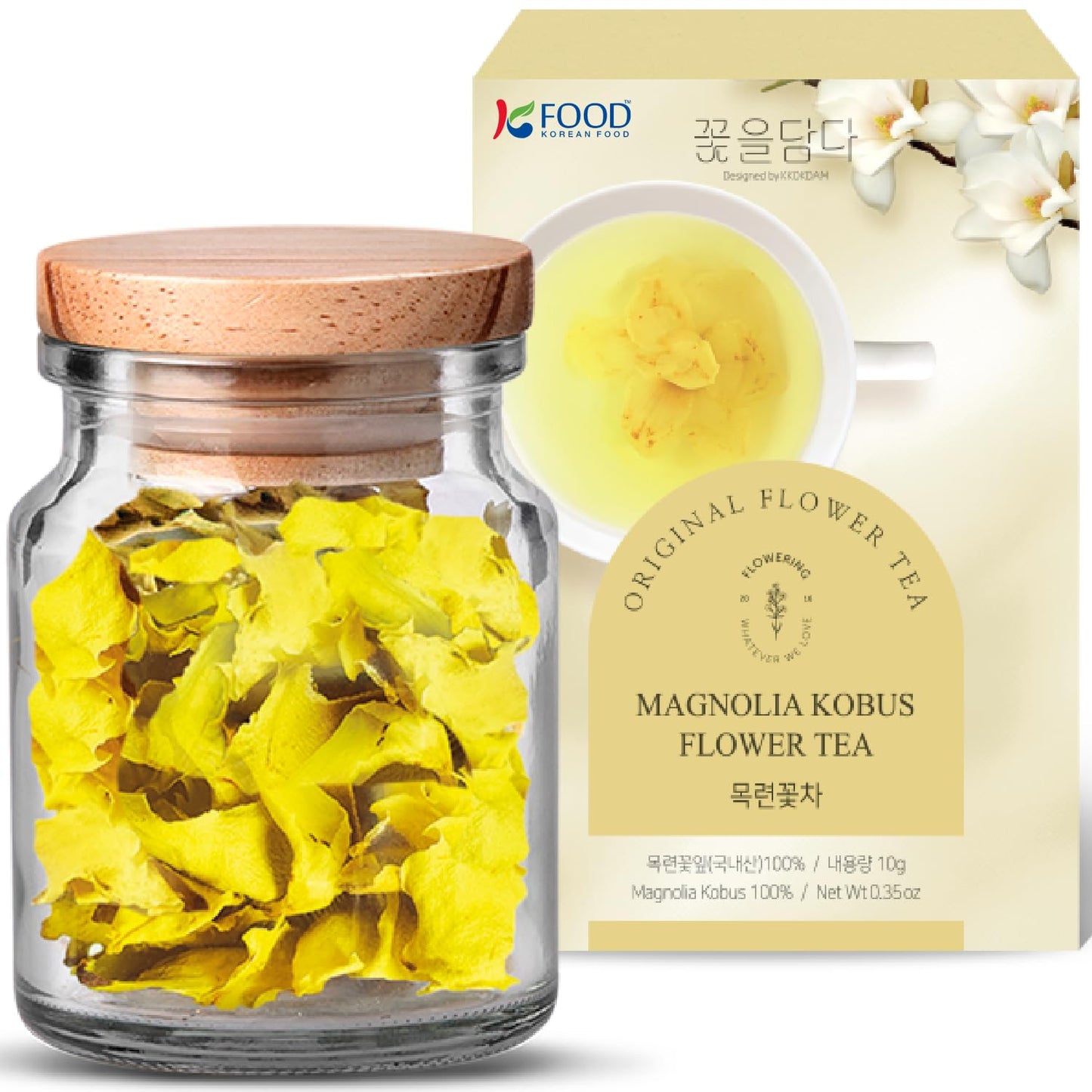 Korean Food KKOKDAM Magnolia Flower Tea, Decaf Floral Blend Sugar Free, 10g | Natural magnolia flower tea with no caffeine, sugar free, zero calories, and made with whole flowers in Korea.