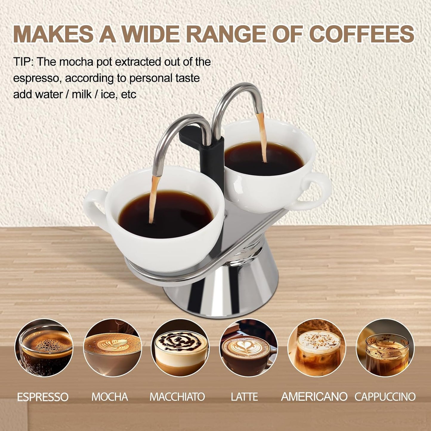Uncoated 2 Cup Dual Pipe Moka Pot 304 Thickened Stainless Steel | Mini Coffee Maker Stovetop Espresso Coffeemaker Italian Classic Style Brewing Greca Cafe Machine for Cafeteras Travel 150ml