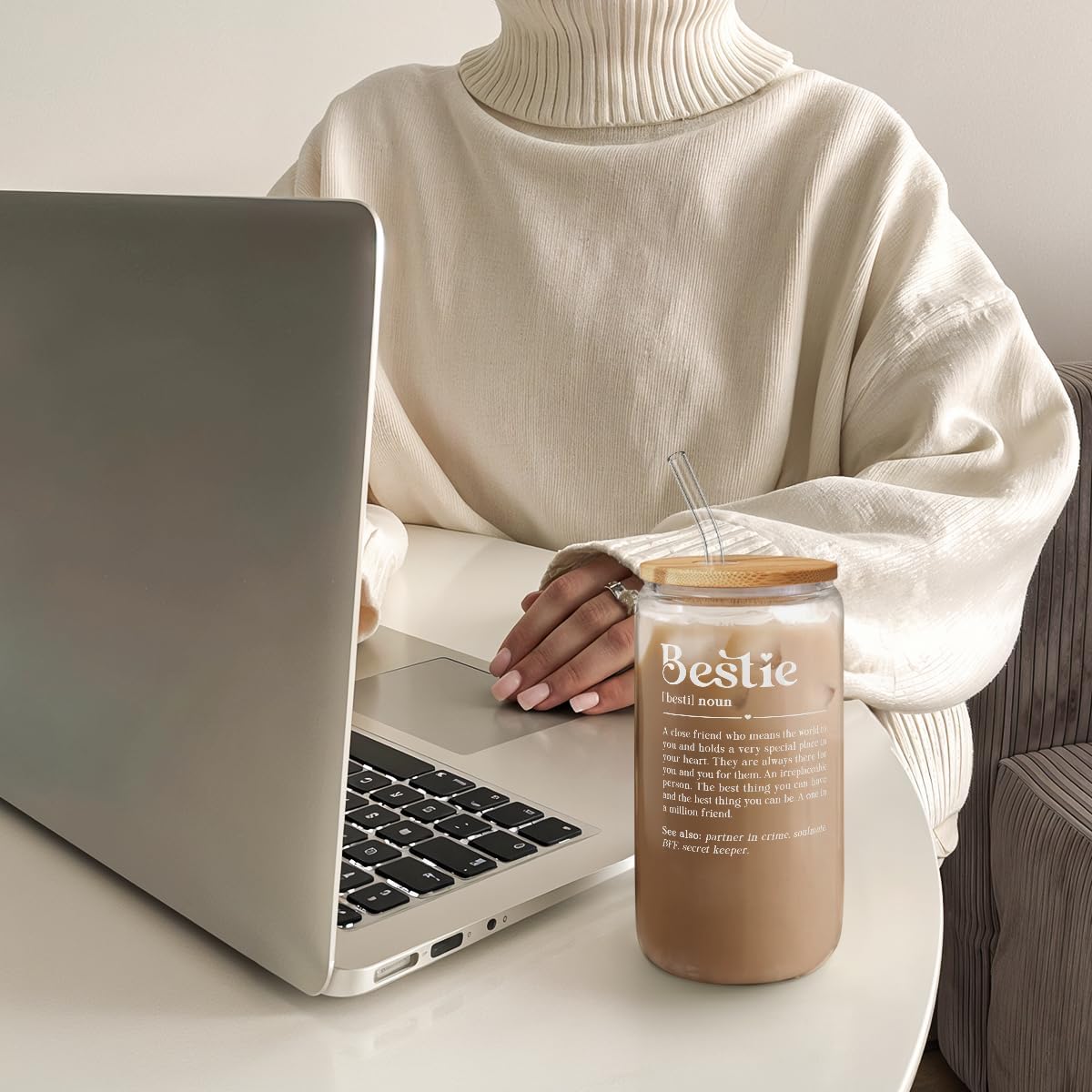 SANDJEST Best Friend Glass Can, Besties Definition Cup with Lid &amp; Straw, Iced Coffee Aesthetic Cups, Gift for Christmas Birthday Mother Day, Gifts for Women Friends Sisters, 16oz