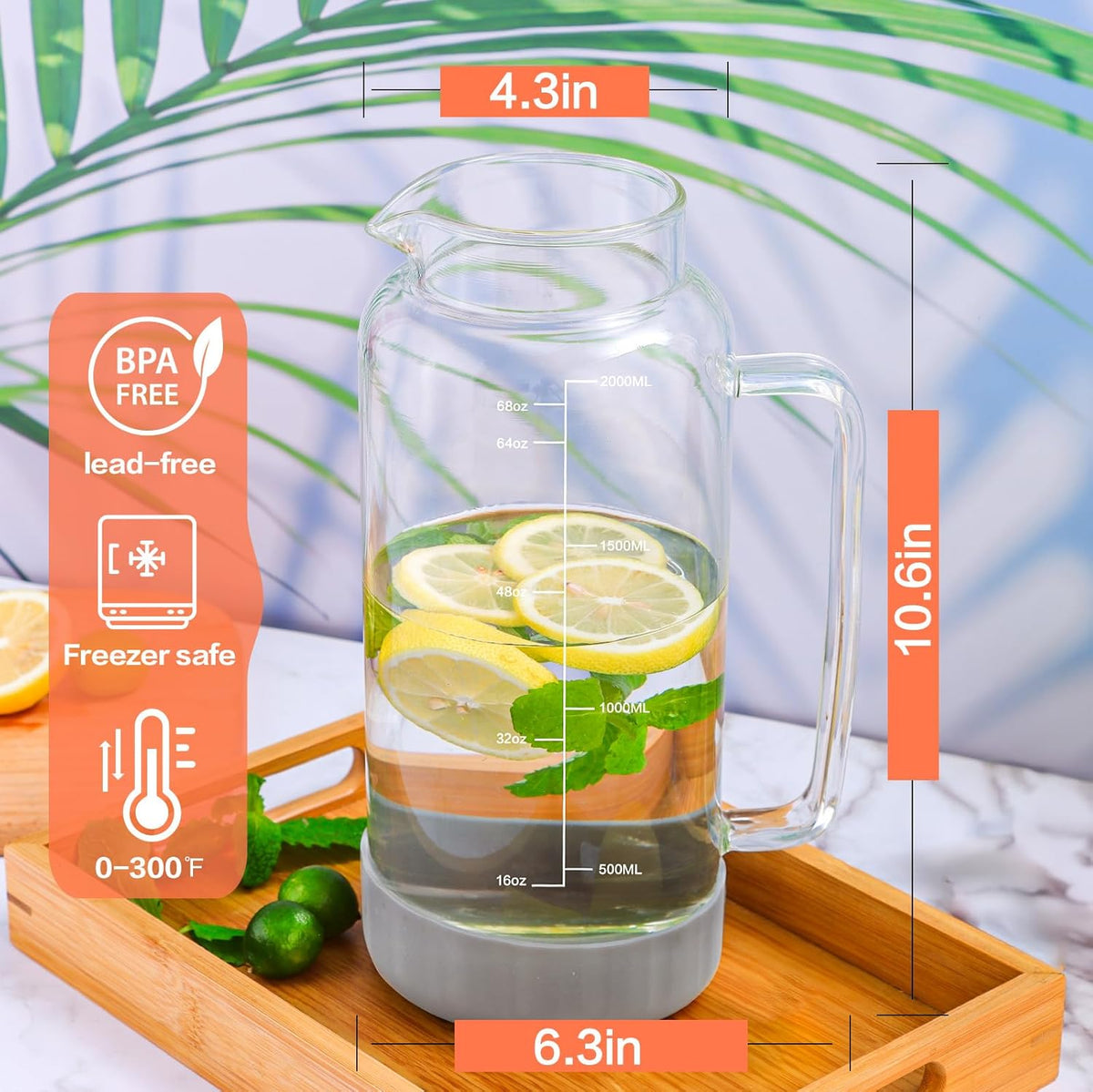 Aofmee 68oz Glass Pitcher with Lid, 2 Liter Water Carafe with Silicone Base and Precise Scale Line, Ice Tea Pitcher for Fridge, Anti-Slip Glass Jug for Sun Tea Juice Coffee Milk Beverage (Gray)