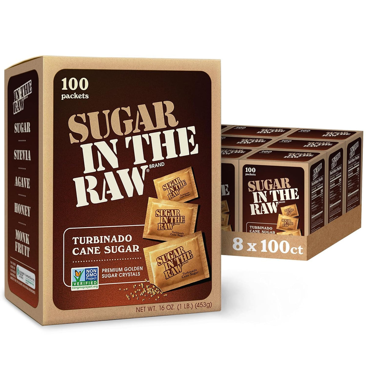 Sugar In The Raw Granulated Turbinado Cane Sugar On The Go Packets, Pure Natural Sweetener, Hot &amp; Cold Drinks, Coffee, Cooking, Baking, Vegan, Gluten-Free, Non-GMO, 100 Count Packets (8-Pack) | Pure, All-Natural Turbinado Sugar, Non-GMO Project Verifi